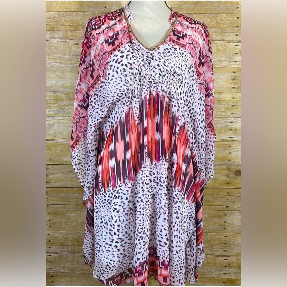 Jennifer Lopez Chiffon Pink Animal Print Caftan Mini Dress Size XS Rhinestone